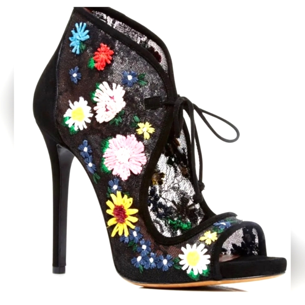 TABITHA SIMMONS Black Suede Raffia Embroidered Dreamy Meadows Stiletto Heels 8
